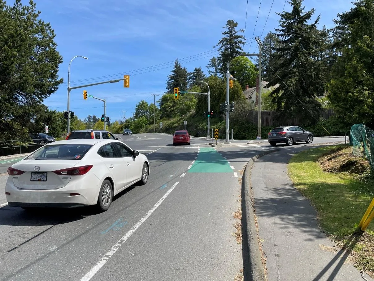 Photo of the Burnside Rd W / Helmcken Rd intersection, identified for a major review