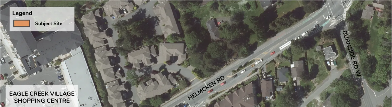 Aerial view showing Helmcken Road and the intersection with Burnside Road West
