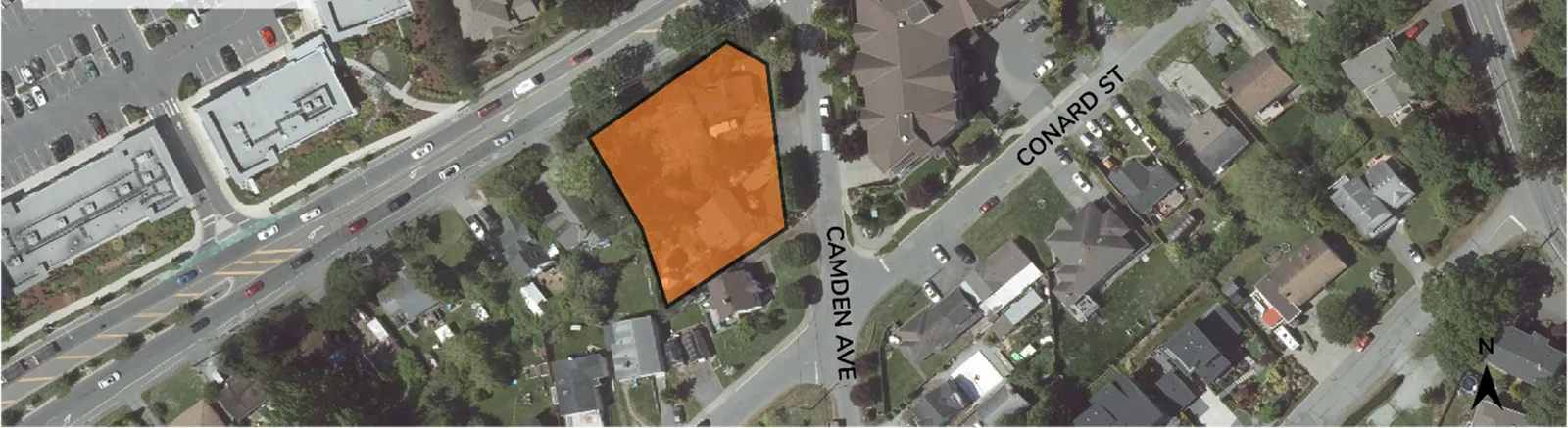 Aerial view of the Subject Site located at the corner of Helmcken Road and Camden Avenue