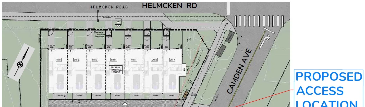 Detailed site plan layout for Building A containing units 1 through 7 and the proposed access location on Camden Avenue