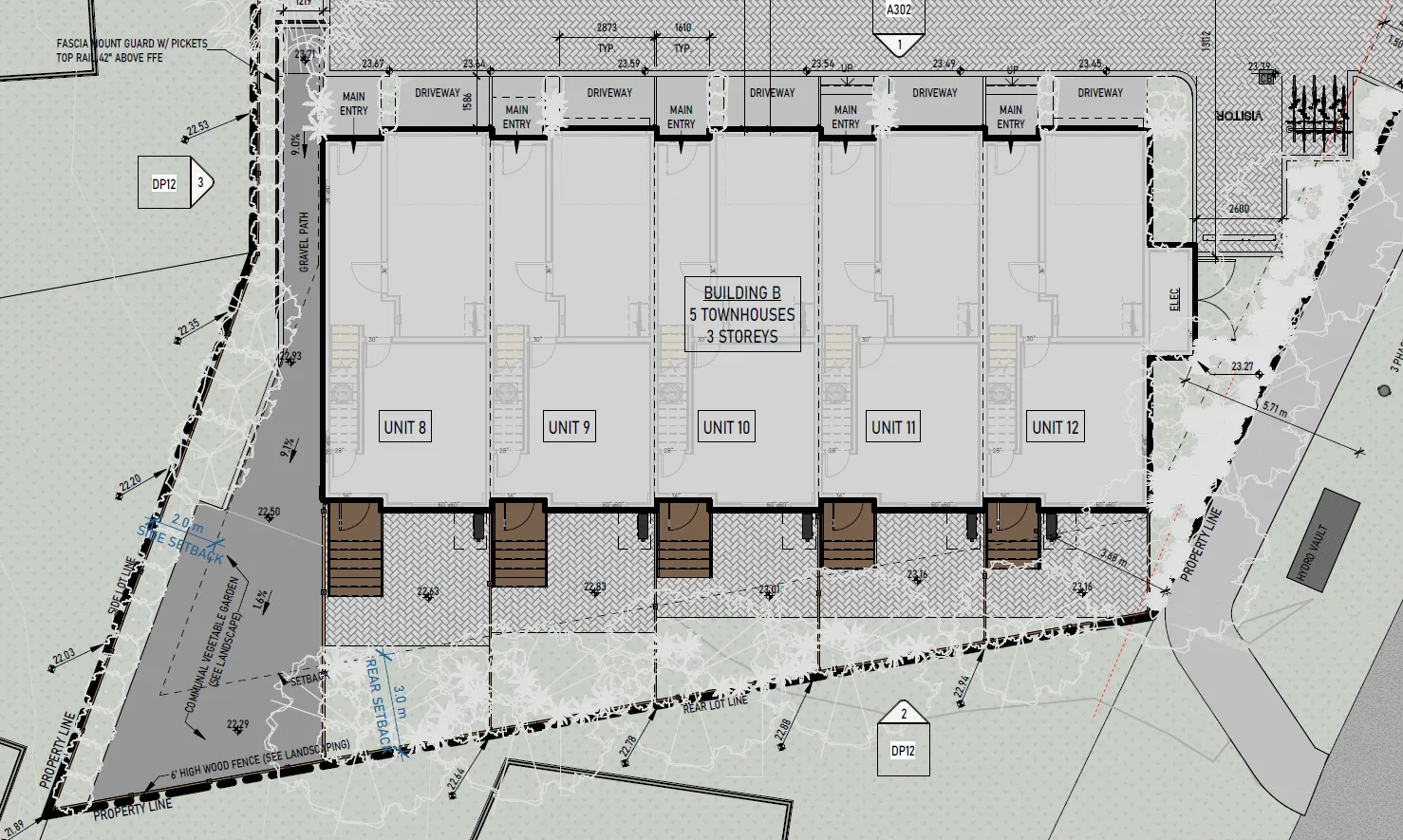 Site plan detail showing the proposed 3.0 m rear yard setback for Building B