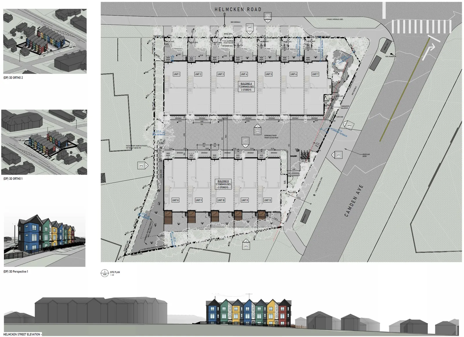 Site Plan and context renderings showing 3D orthographic views and perspective view of the proposed townhouse development