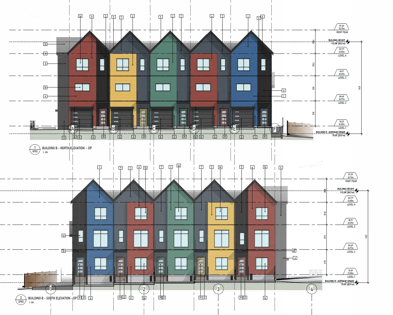 Building B – North Elevation and Building B – South Elevation (8 Camden) showing the rear and front elevations of the second townhouse building