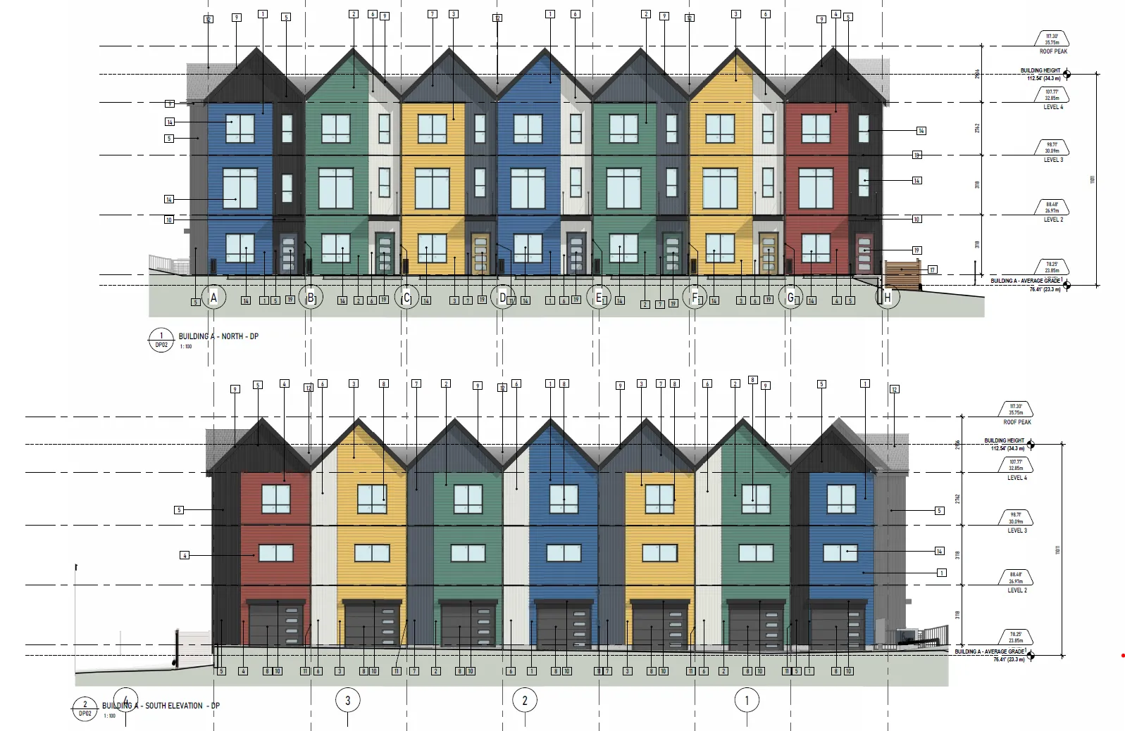 Building A – North Elevation (Helmcken Rd) and Building A – South Elevation showing colorful townhouse units with various siding materials