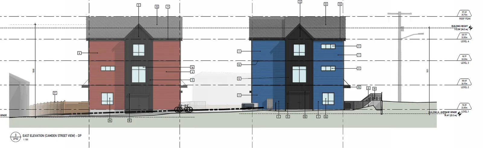 East Elevation – Camden Ave showing the side profiles of Buildings A and B from the street view