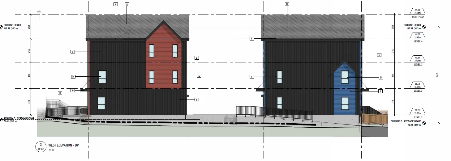 West Elevation – 16 Helmcken Rd & 103 Conard Street showing the side profiles of Buildings A and B