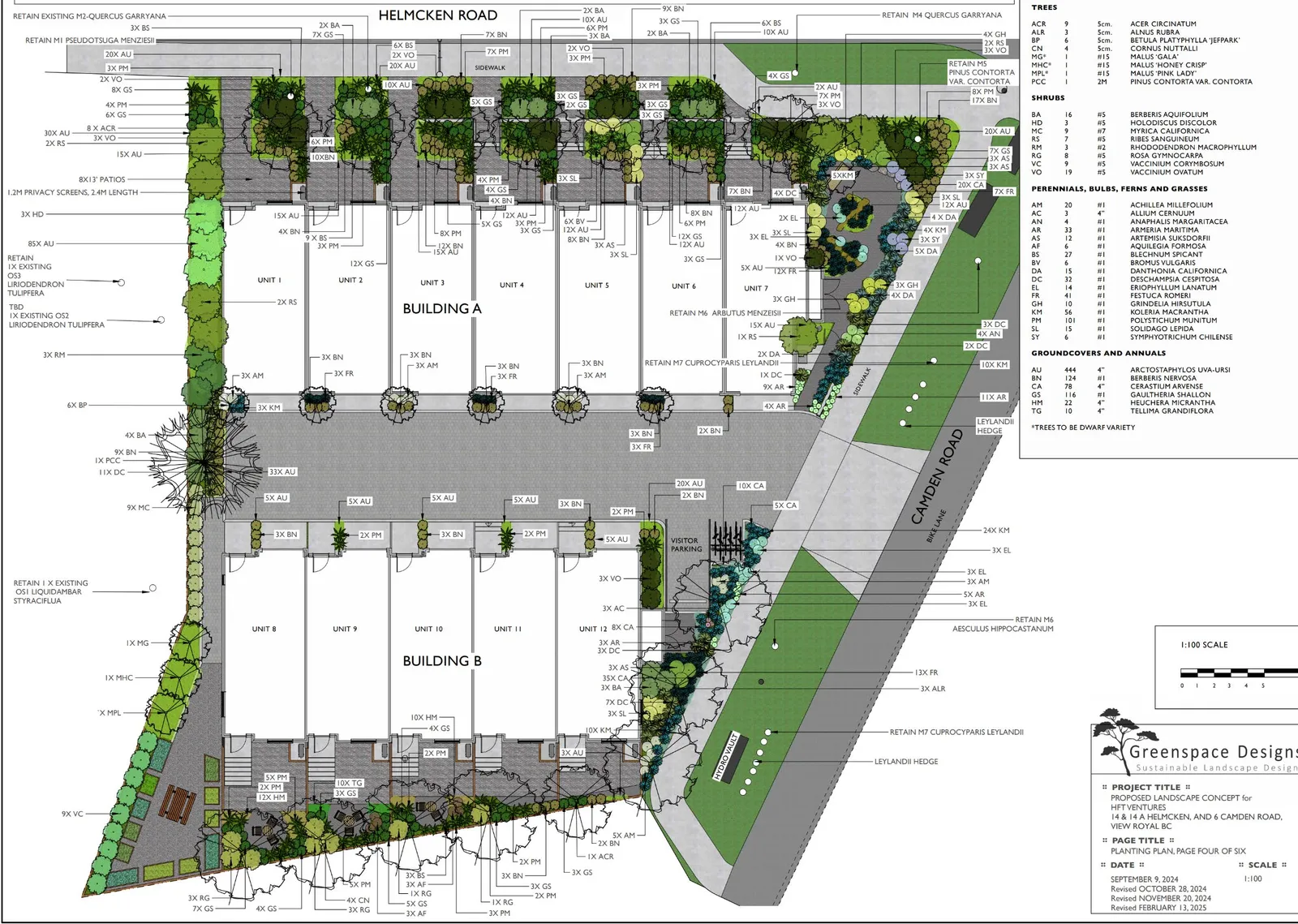 Detailed landscape plan showing planting locations, outdoor spaces, and site amenities