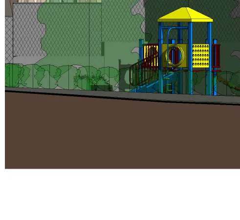 Playground equipment located at the far left of the North Elevation