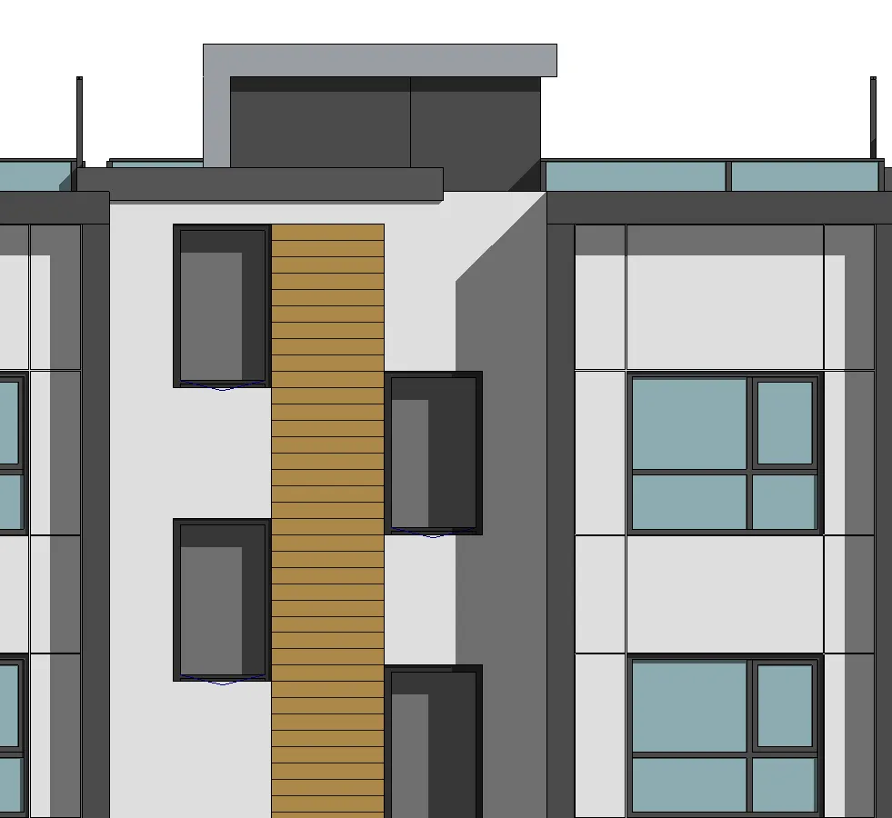 Detail of Building 5 facade with charcoal grey window frames