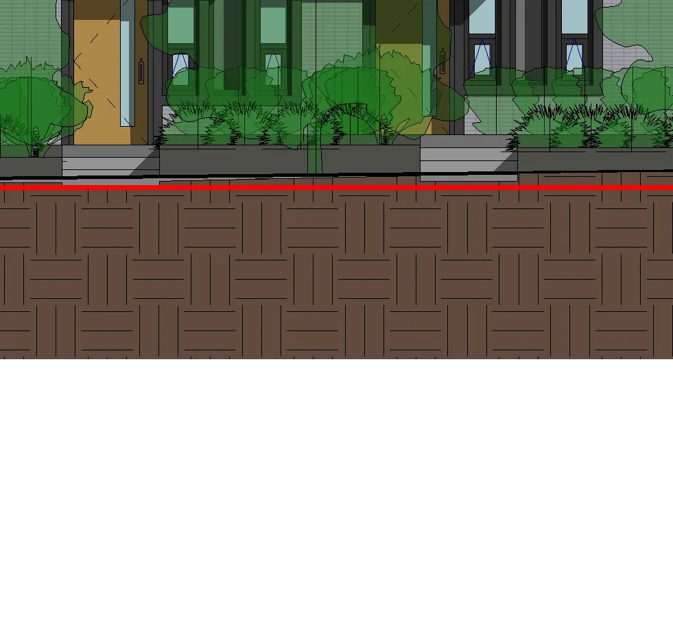 Ground level detail showing landscaping and a red line marker at Building 5