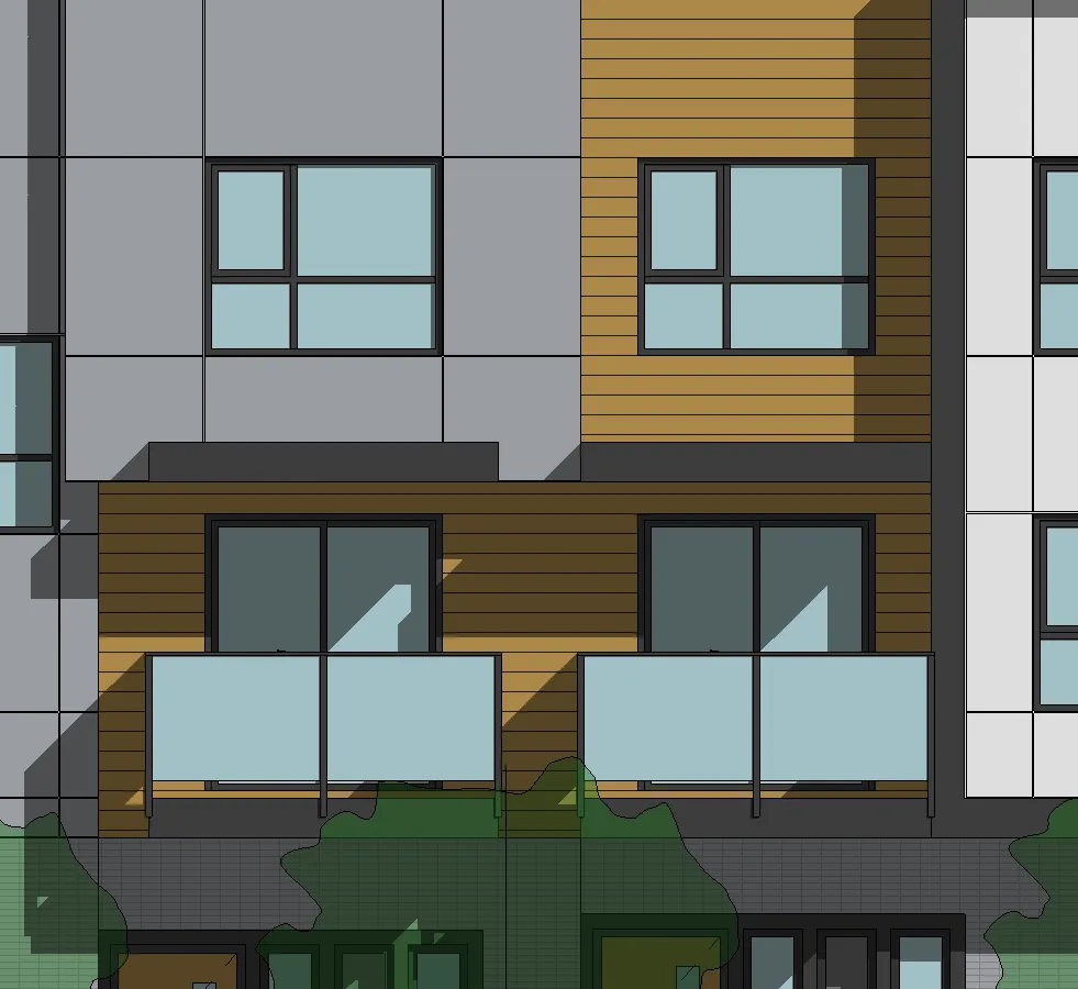 Windows and glass balconies on the Building 2 elevation