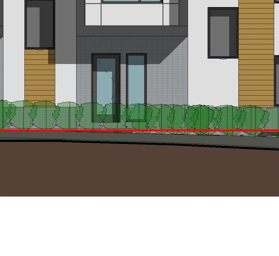 Ground level detail showing landscaping and a red marker line between buildings