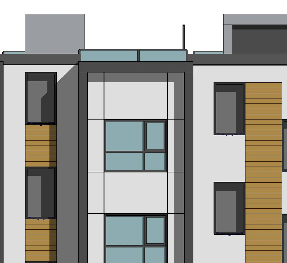 Facade detail of Building 4 showing light grey paneling and windows