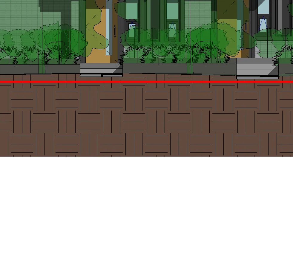Detail of ground-level pavement with a red marker line at Building 4