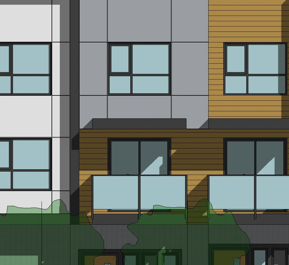 Balcony detail with charcoal frame on Building 1