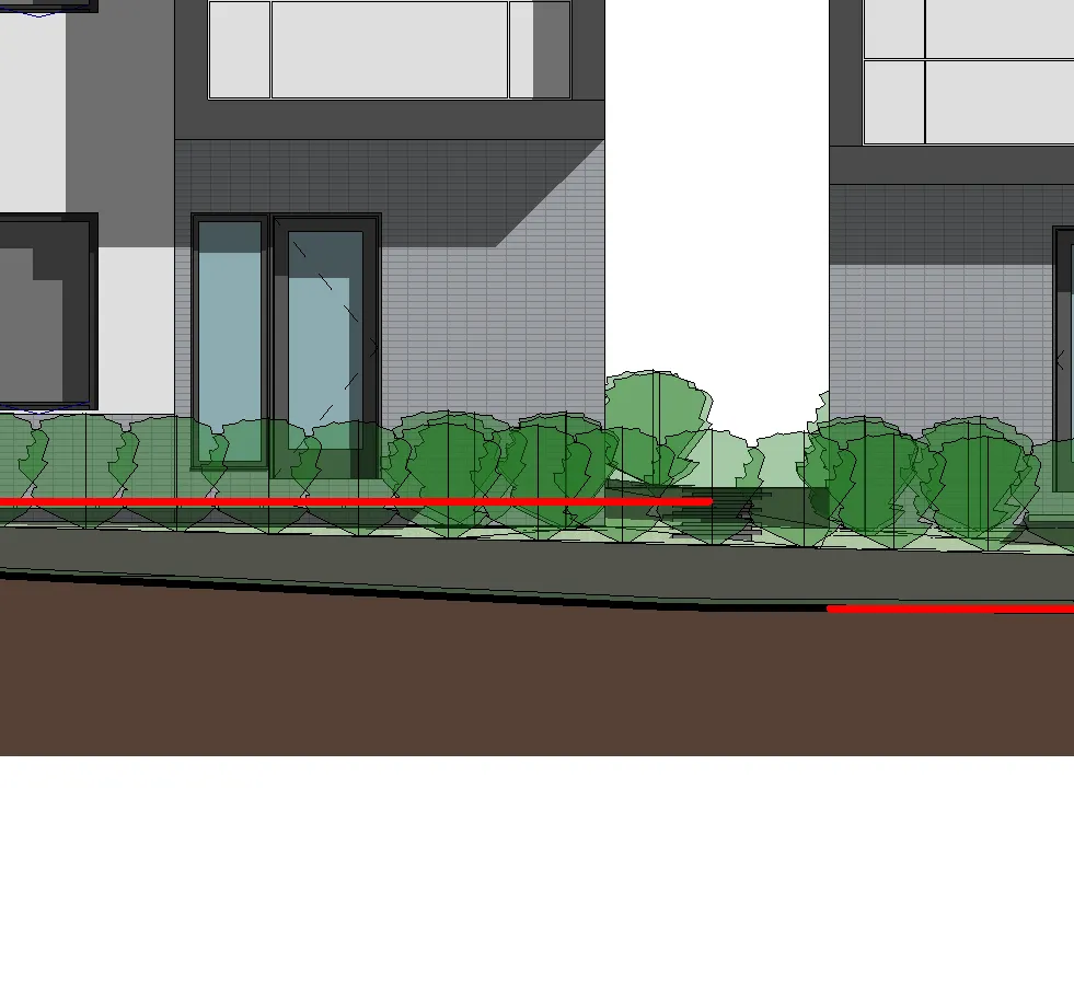 Ground level detail showing the site edge at the North Elevation