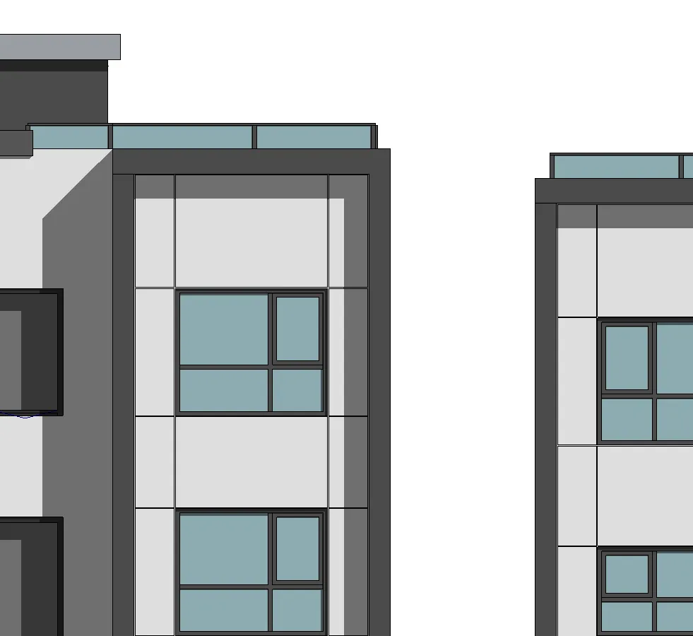 Detail of Building 2 facade showing light and dark grey panels