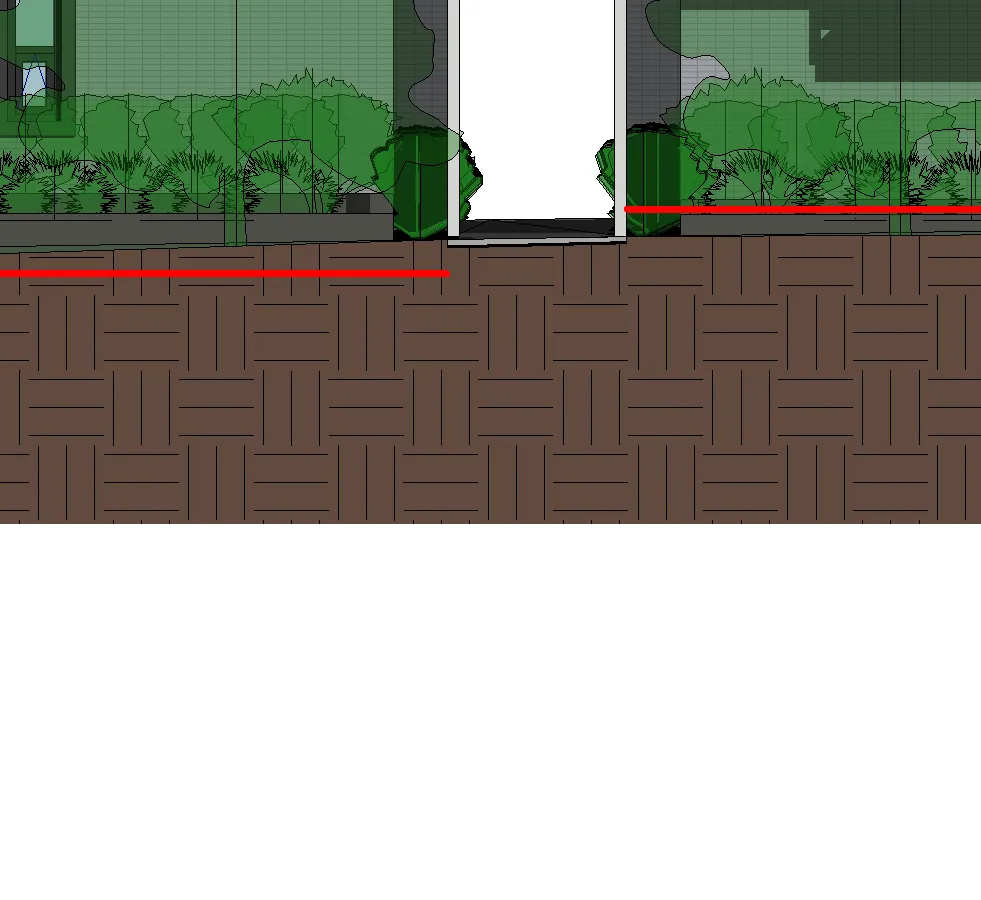 Ground level detail showing pavement and a trellis at the site entry between buildings