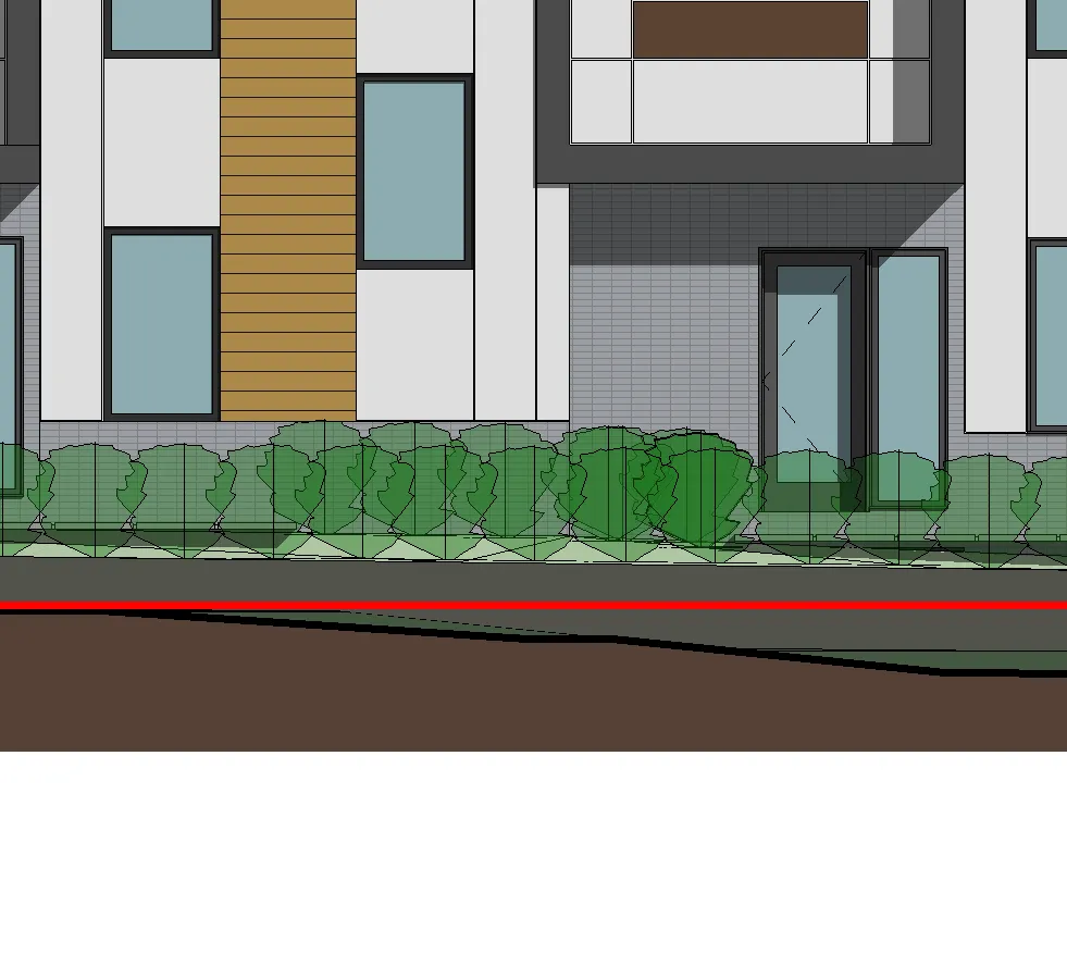 Window and balcony detail with charcoal frames on Building 2