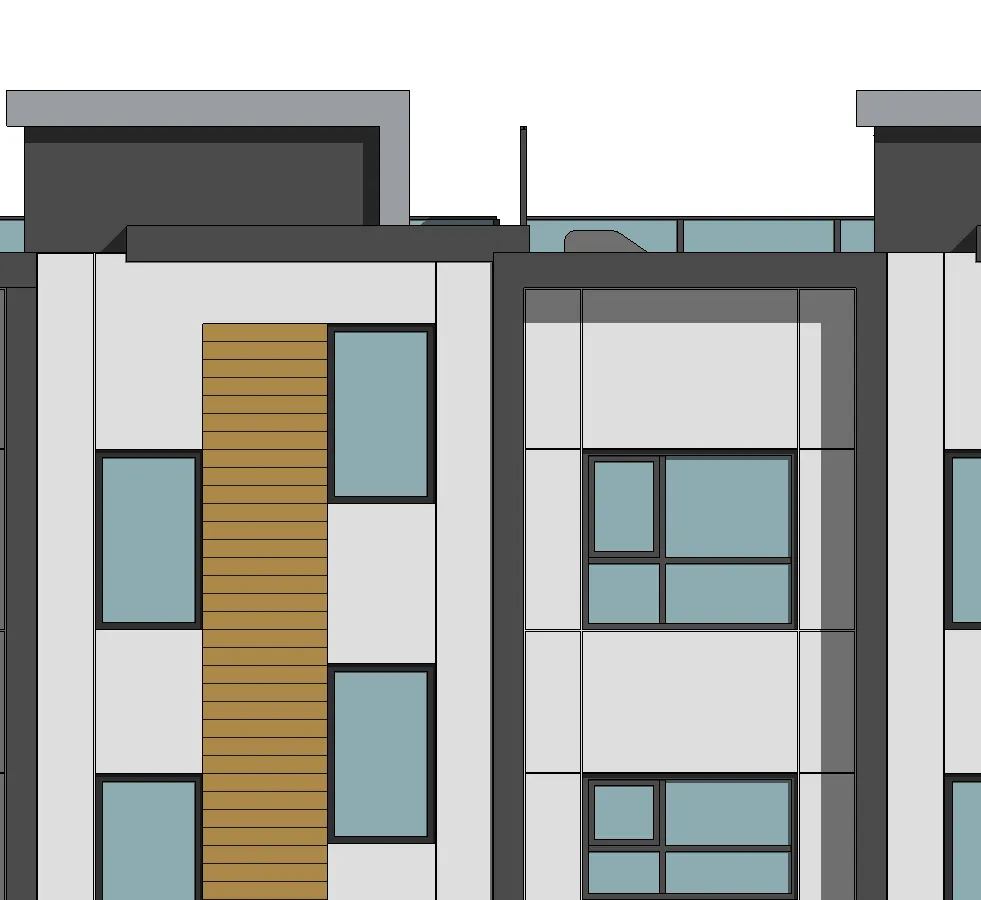 Ground level detail showing foundation and landscaping at Building 4