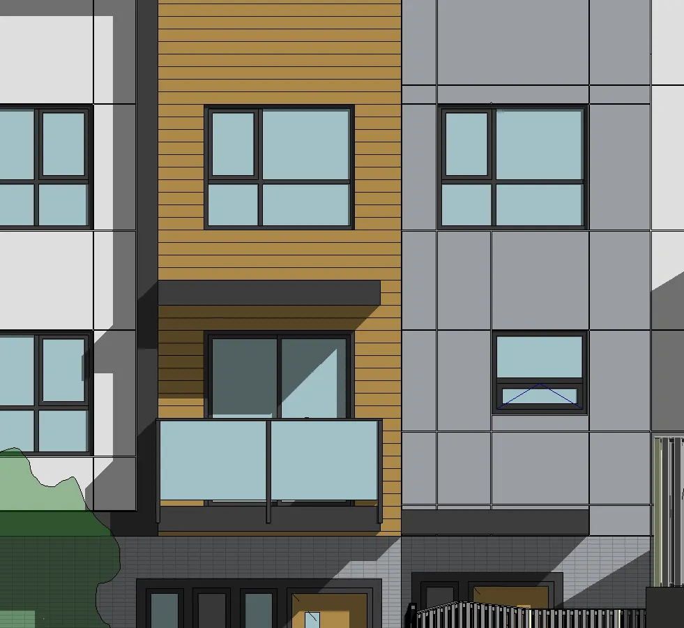Facade detail of Building 4 featuring horizontal wood-textured panels
