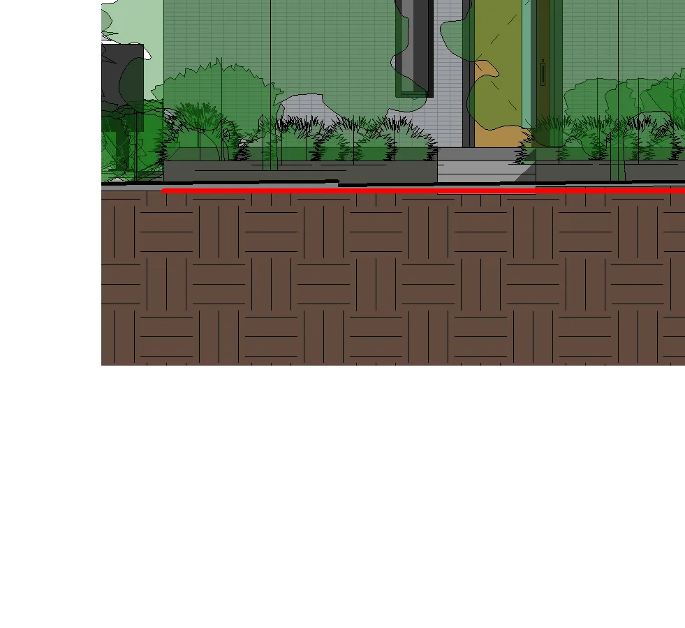 Ground level detail showing landscaping and a red line marker