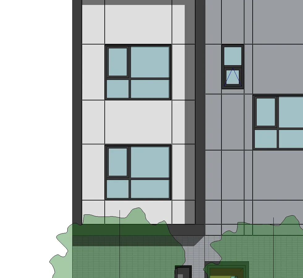 Facade detail of Building 1 with vertical wood-textured panels