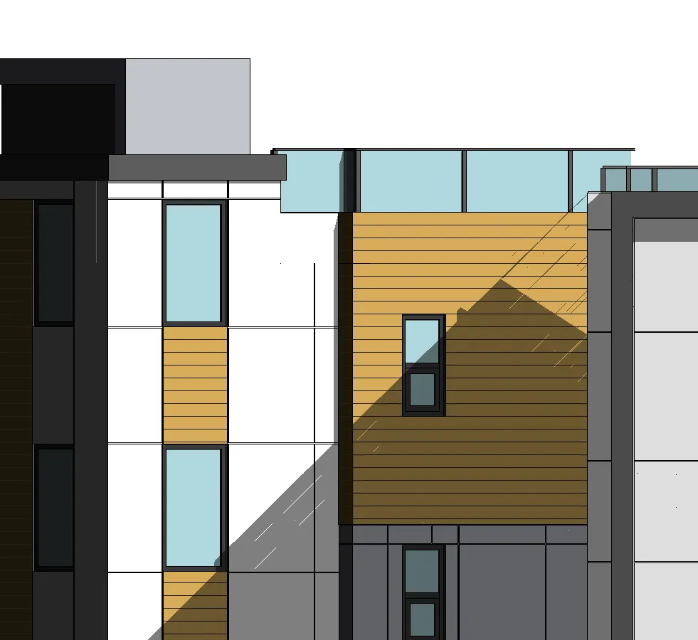 Facade detail showing fiber cement panels and windows