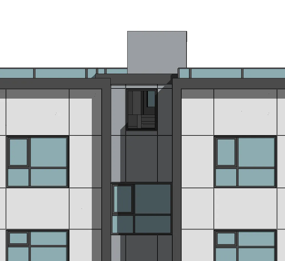 Elevation detail of Building 1 upper story windows and cladding