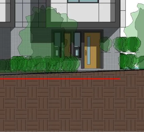 Mid-section detail of courtyard facade cladding and windows