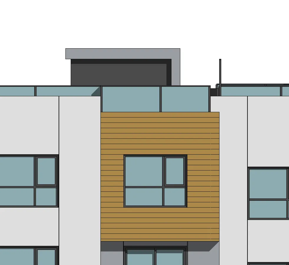 Detail of overhead insulated garage door in the courtyard