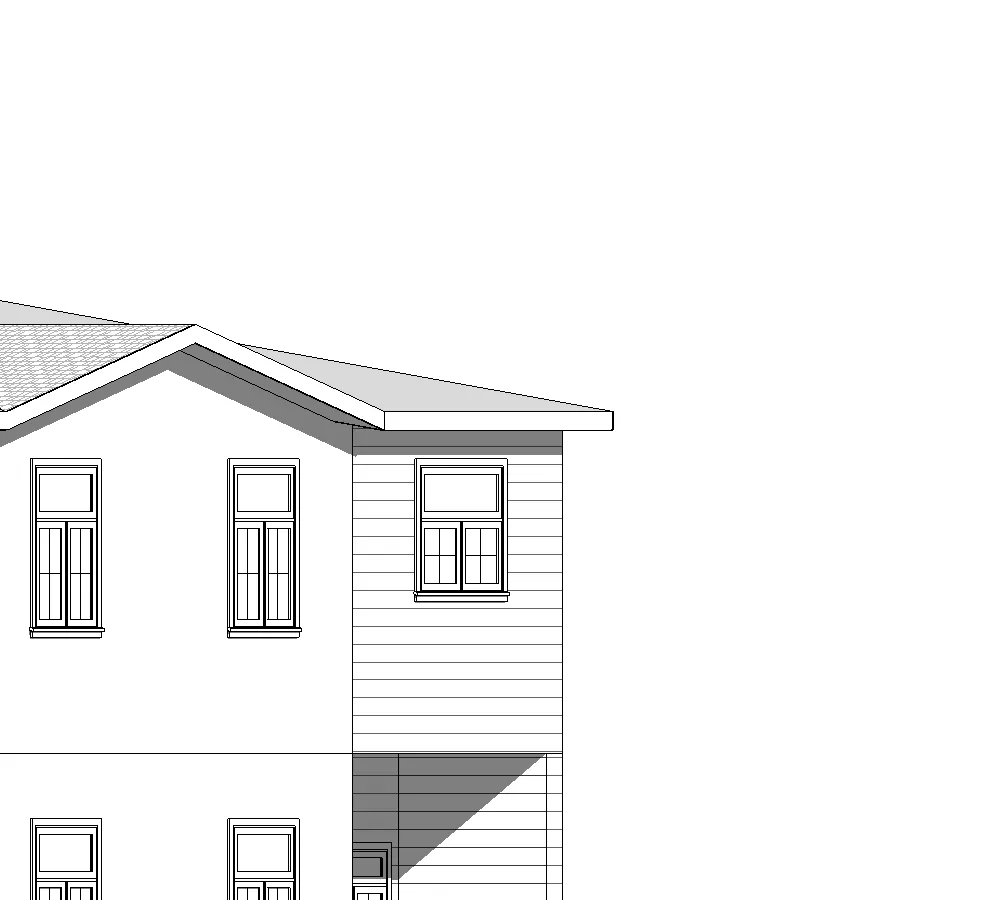 Detail of upper story facade with charcoal grey windows and grey cladding