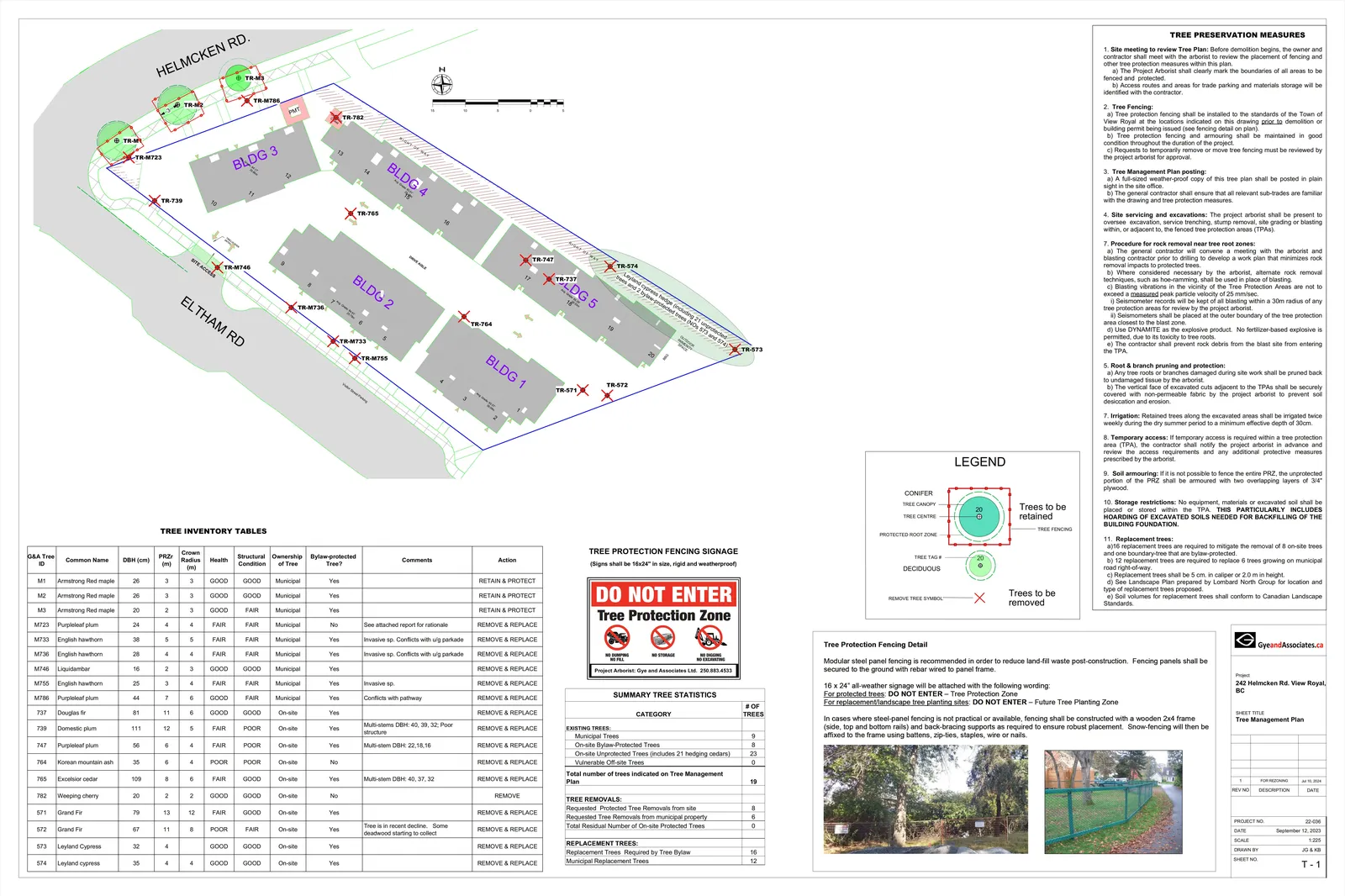 Site map for 242 Helmcken Rd. and 294/296 Eltham roads showing proposed building blocks BLDG 1 through BLDG 5 and the disposition of on-site and municipal trees.