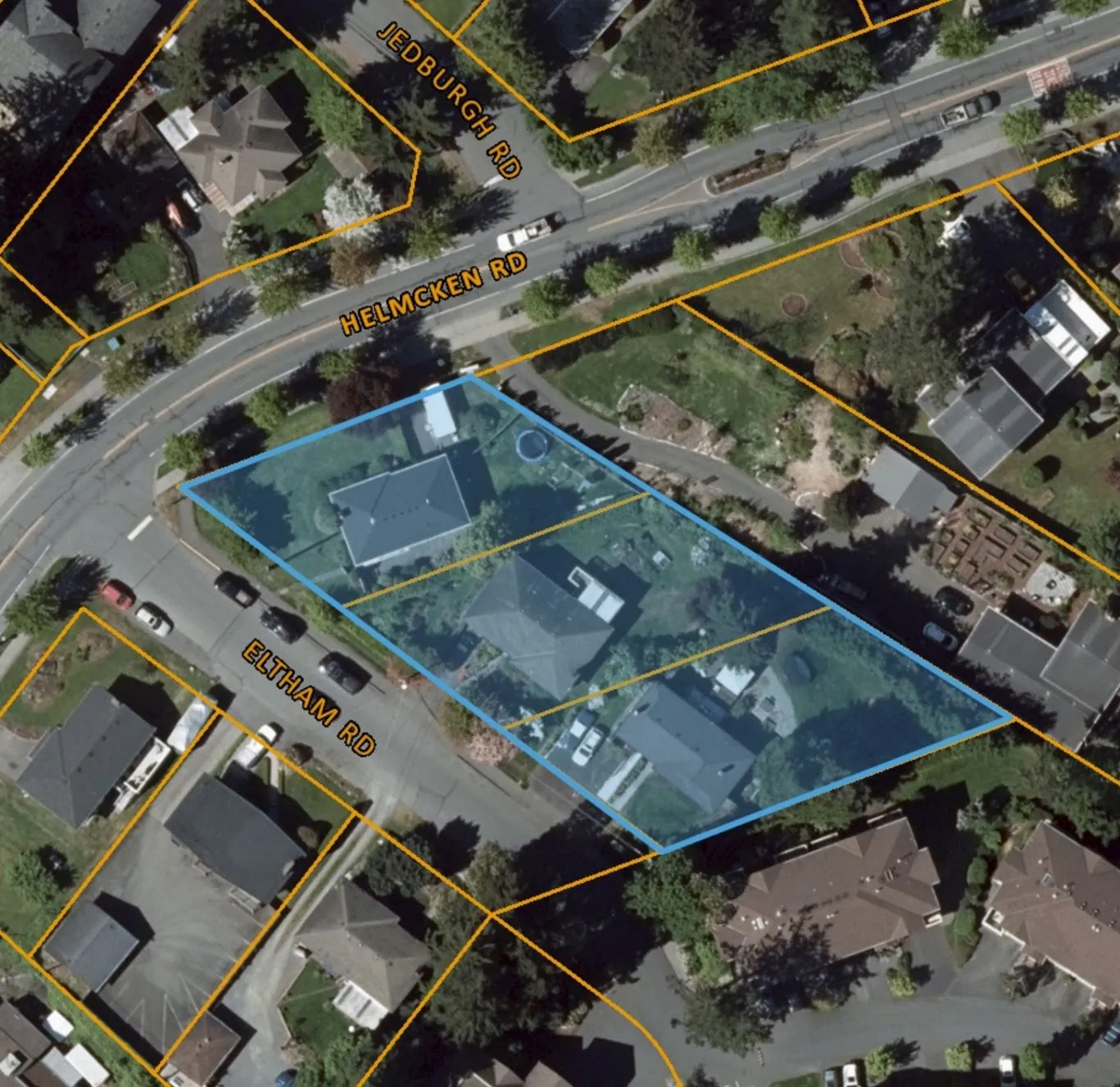 Aerial photograph showing the subject properties at 294, 296 Eltham Road and 242 Helmcken Road highlighted in blue
