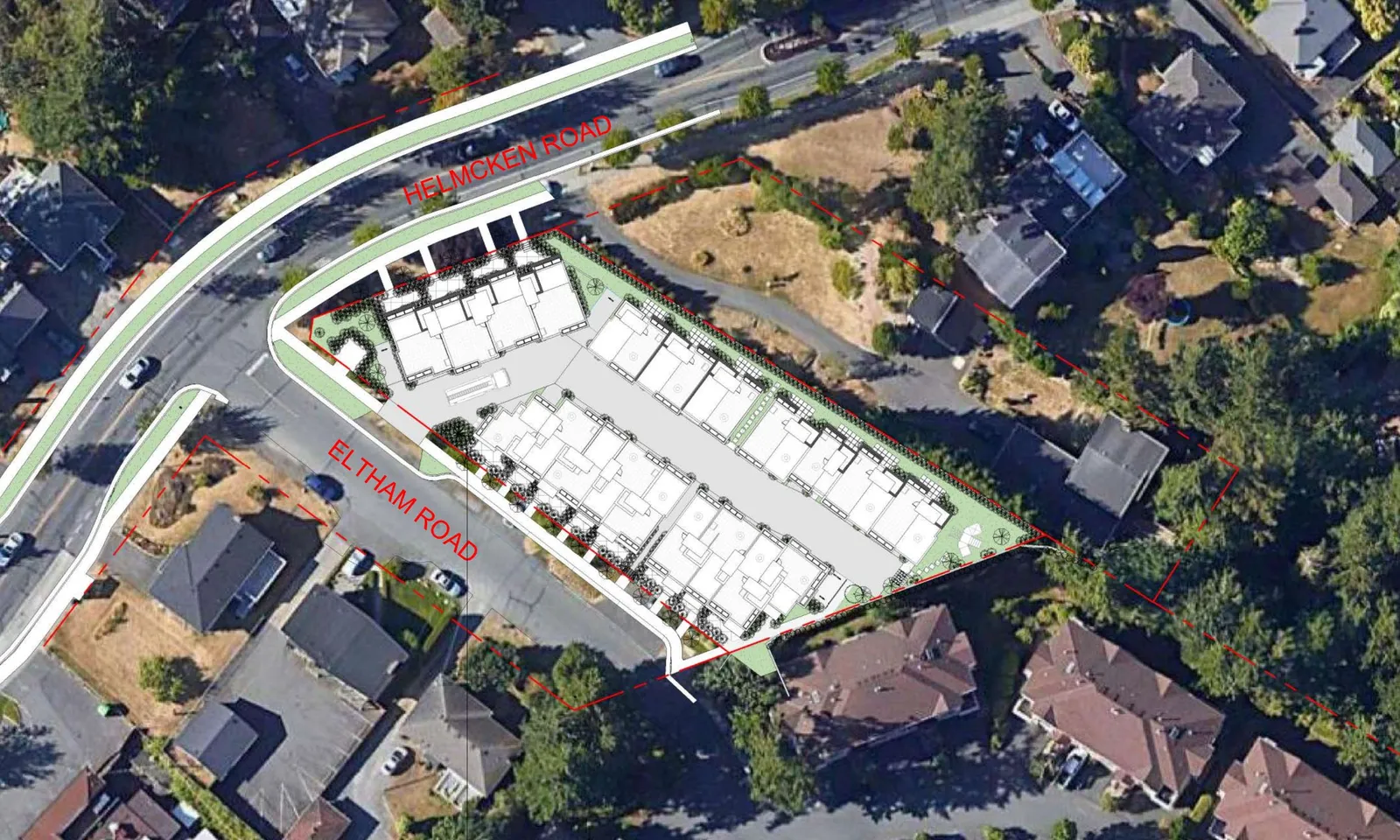 Aerial site plan overlay of the proposed 20-unit townhouse development