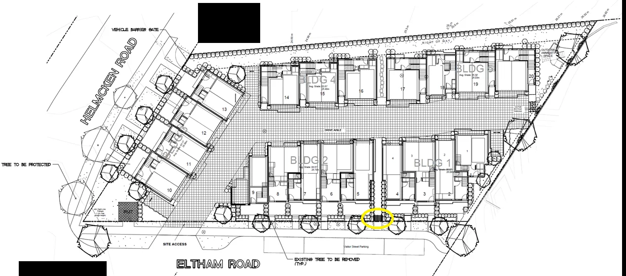 Black and white site plan with a yellow circle highlighting the location for the arched trellis variance