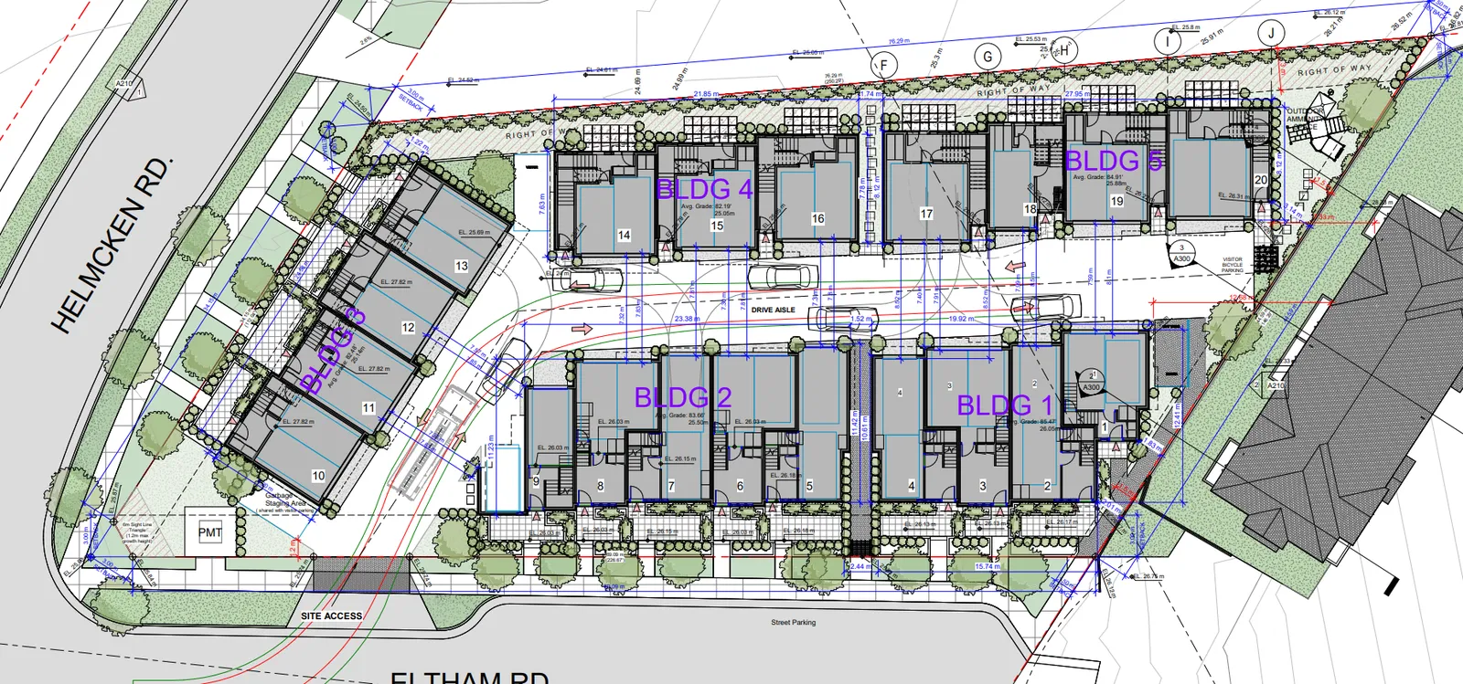 Detailed site plan illustrating building footprints, unit numbers, and the central drive aisle