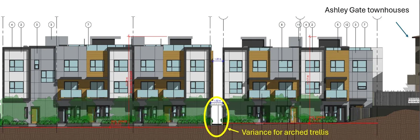 Elevation drawing with a yellow circle highlighting the proposed arched trellis and the variance required