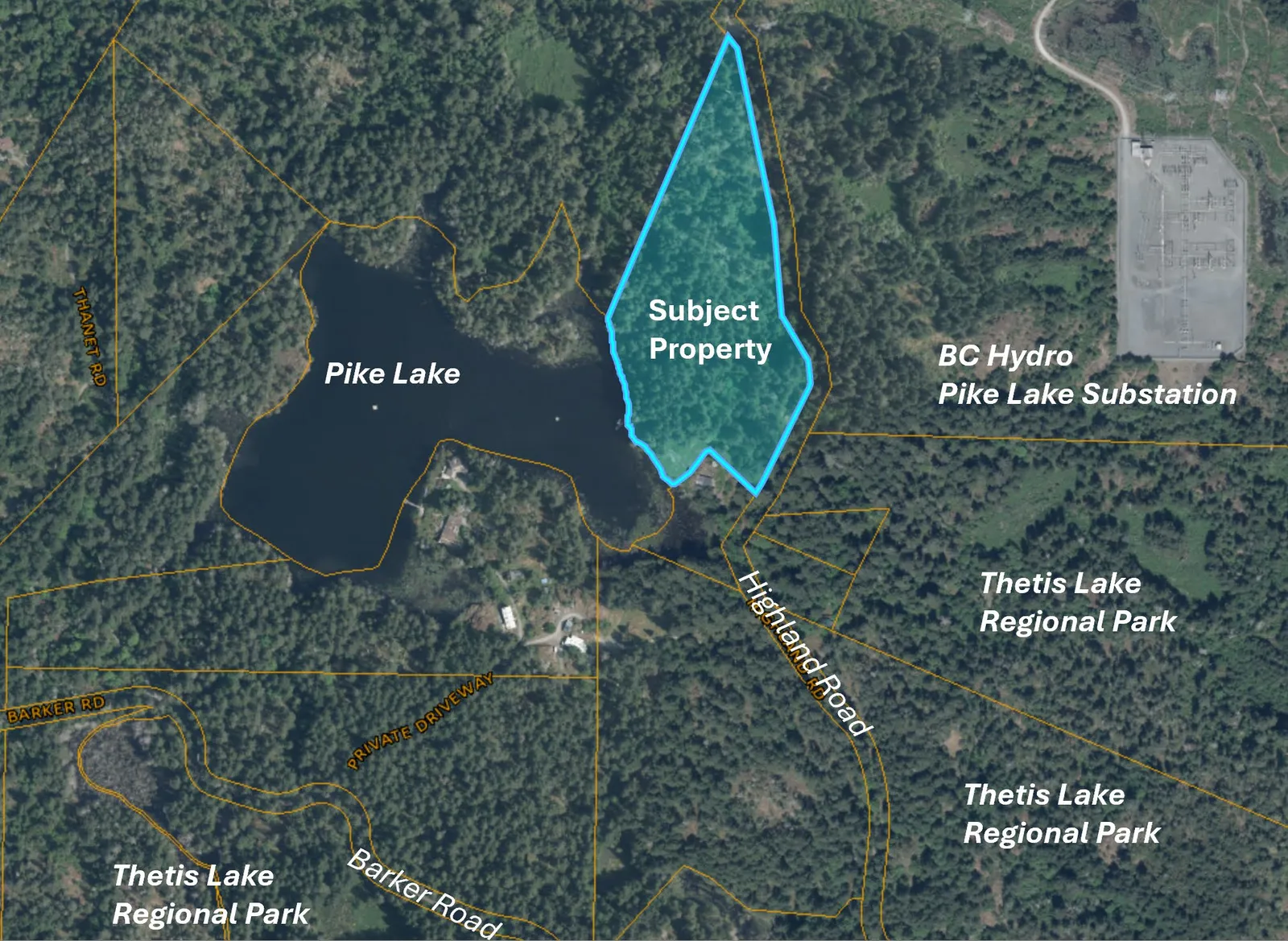 Aerial orthophoto showing the subject property location adjacent to Pike Lake, Highland Road, and Thetis Lake Regional Park