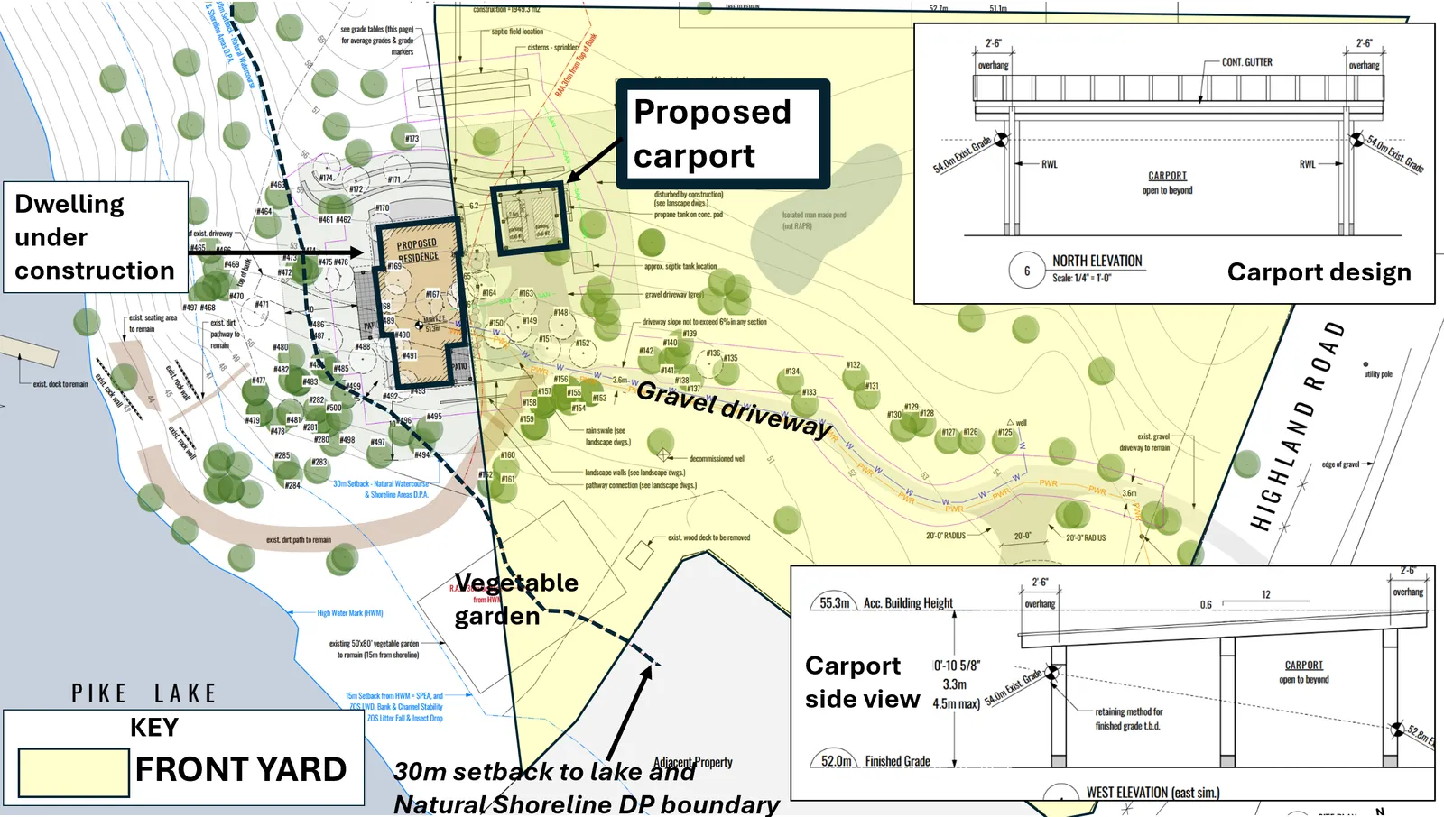 Partial site plan showing the location of the dwelling under construction, the proposed carport, gravel driveway, and vegetable garden, including North and West elevation design renderings of the carport