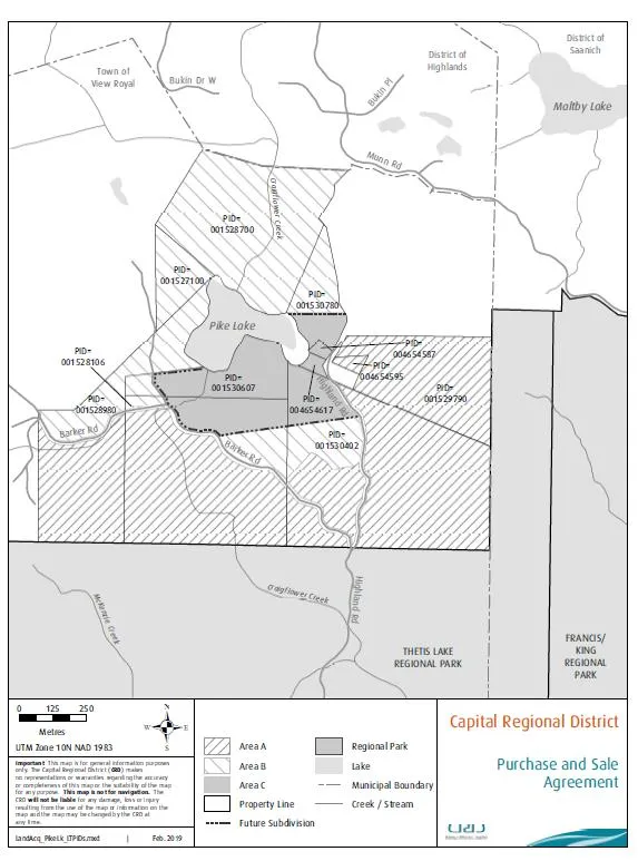 CRD Cadastral Map showing Pike Lake and surrounding lot PIDs