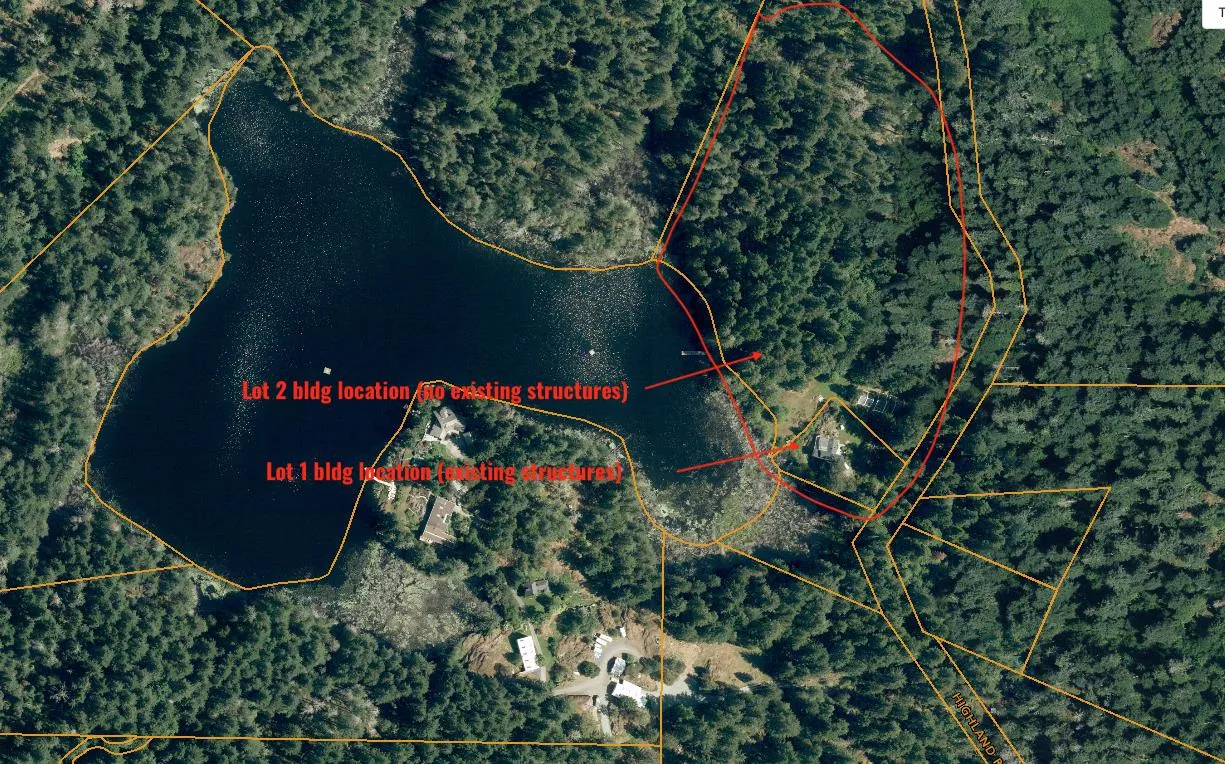 Aerial location map showing Lot 1 and Lot 2 building locations on the shore of Pike Lake