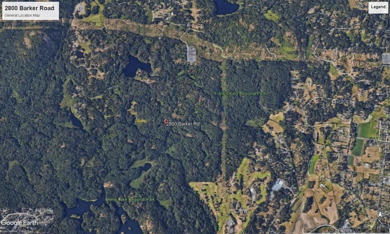 Google Earth general location map for 2800 Barker Road and surrounding parks