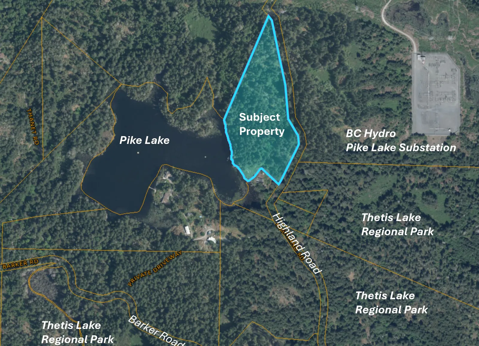 Aerial map identifying the subject property at 3560 Highland Road, situated between Pike Lake and the BC Hydro Pike Lake Substation, bordered by Thetis Lake Regional Park