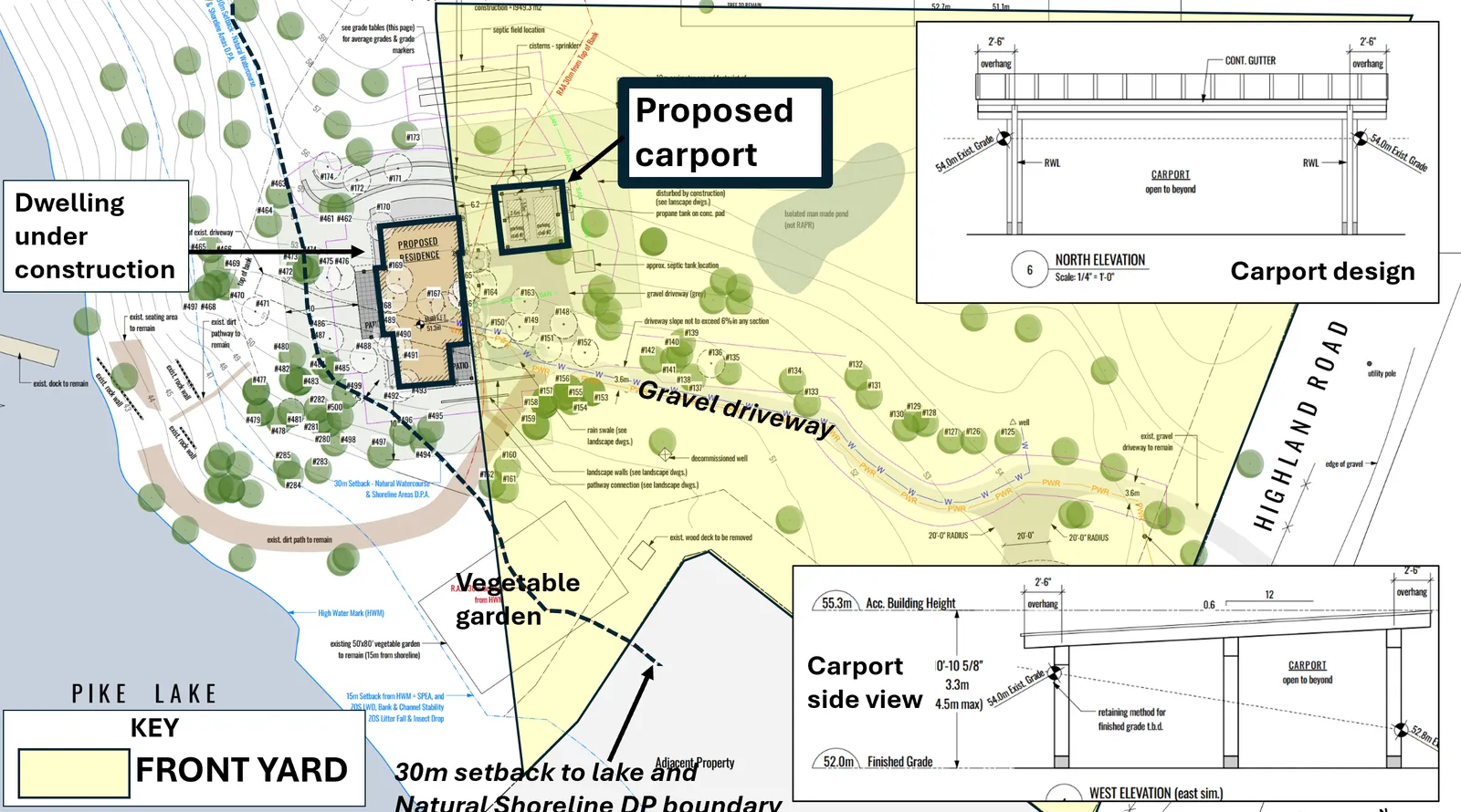 Site plan and architectural elevations for the proposed carport, detailing its location relative to the dwelling under construction, Pike Lake, and the 30m shoreline setback boundary