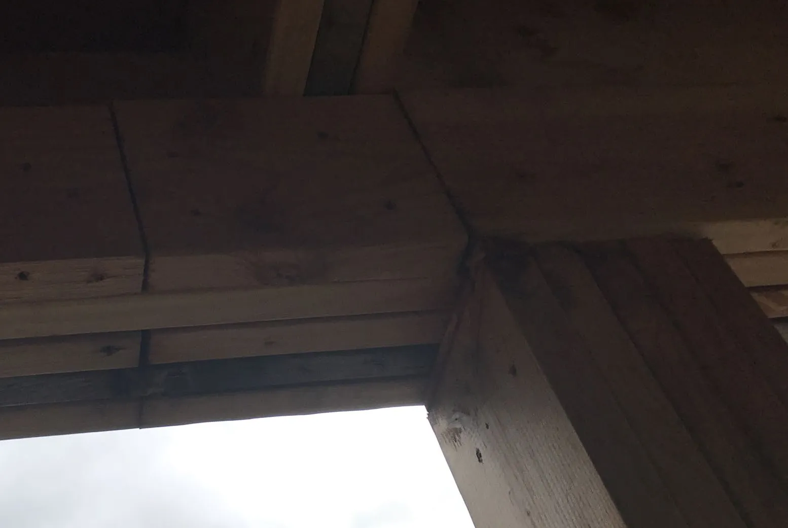 Close-up photo of wooden beams meeting a concrete foundation wall with wrap material visible