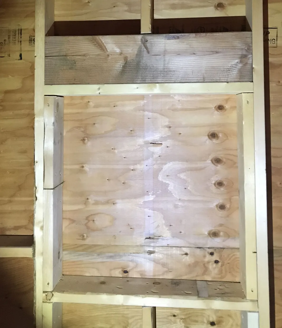 Photo of a window or door opening framed with wood studs