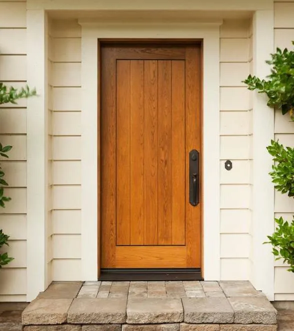 Close-up of a wooden front door with a black handle