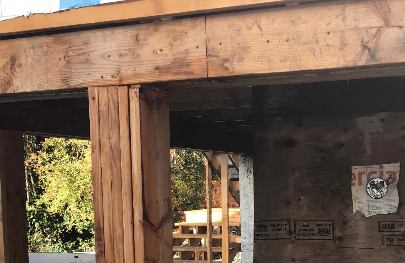 Close-up of exterior wooden structural beams