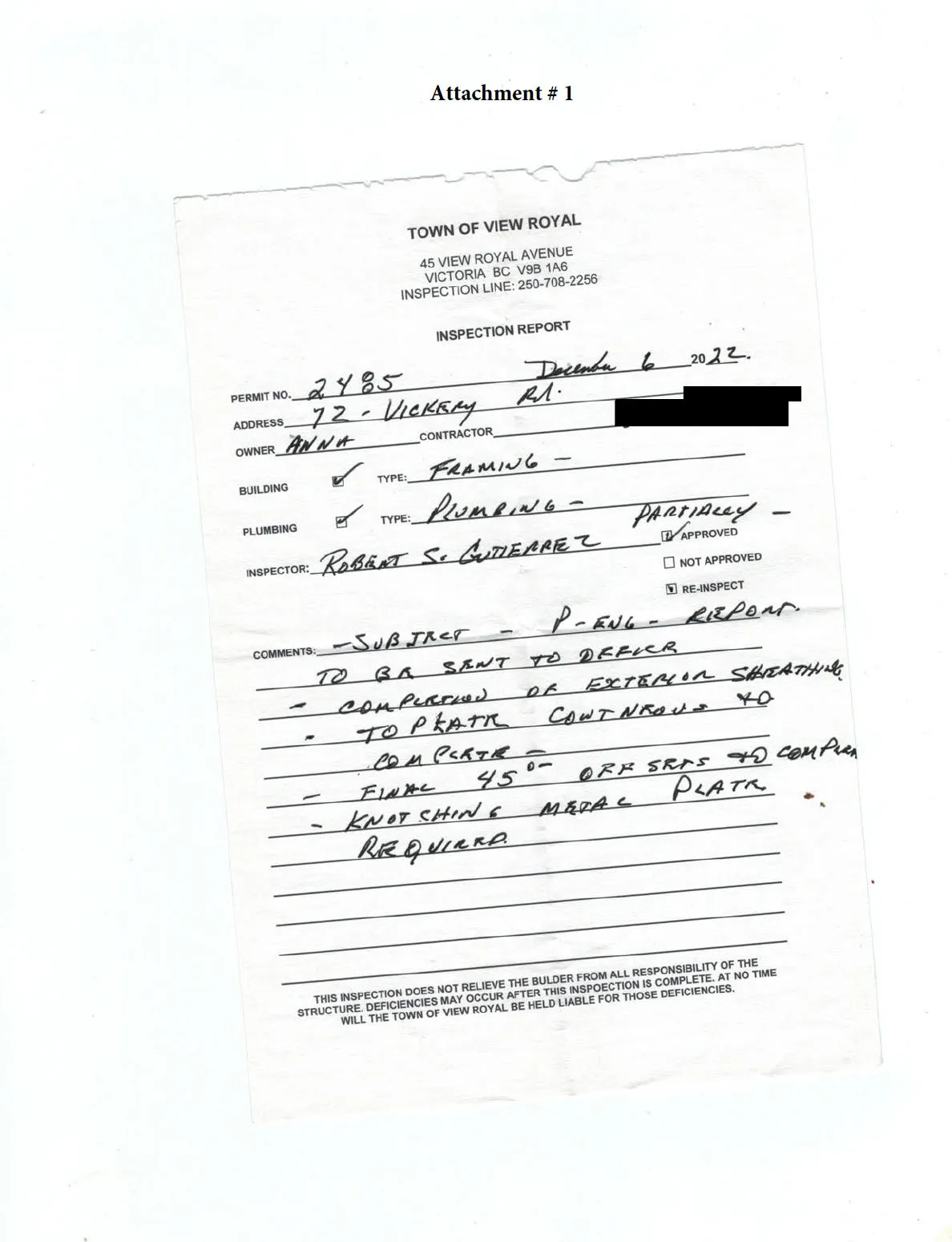 Town of View Royal Inspection Report for Permit No. 2485, dated December 6, 2022